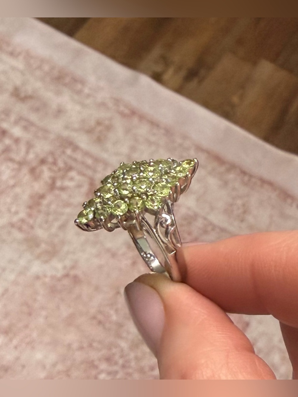 Stunning 3CT Natural Green Peridot Cluster 14K Gold over 925 Sterling Ring Sz 7 - Picture 8 of 14